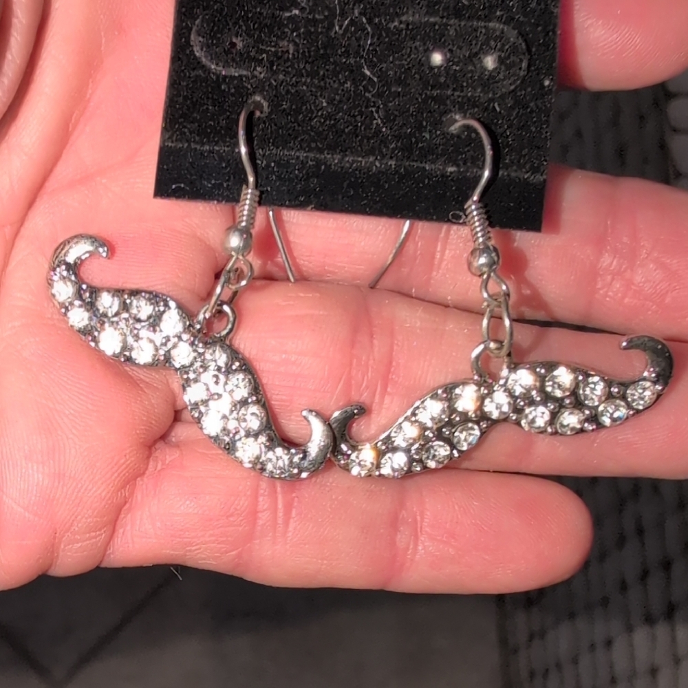 Sparkling Silver Mustache Earrings